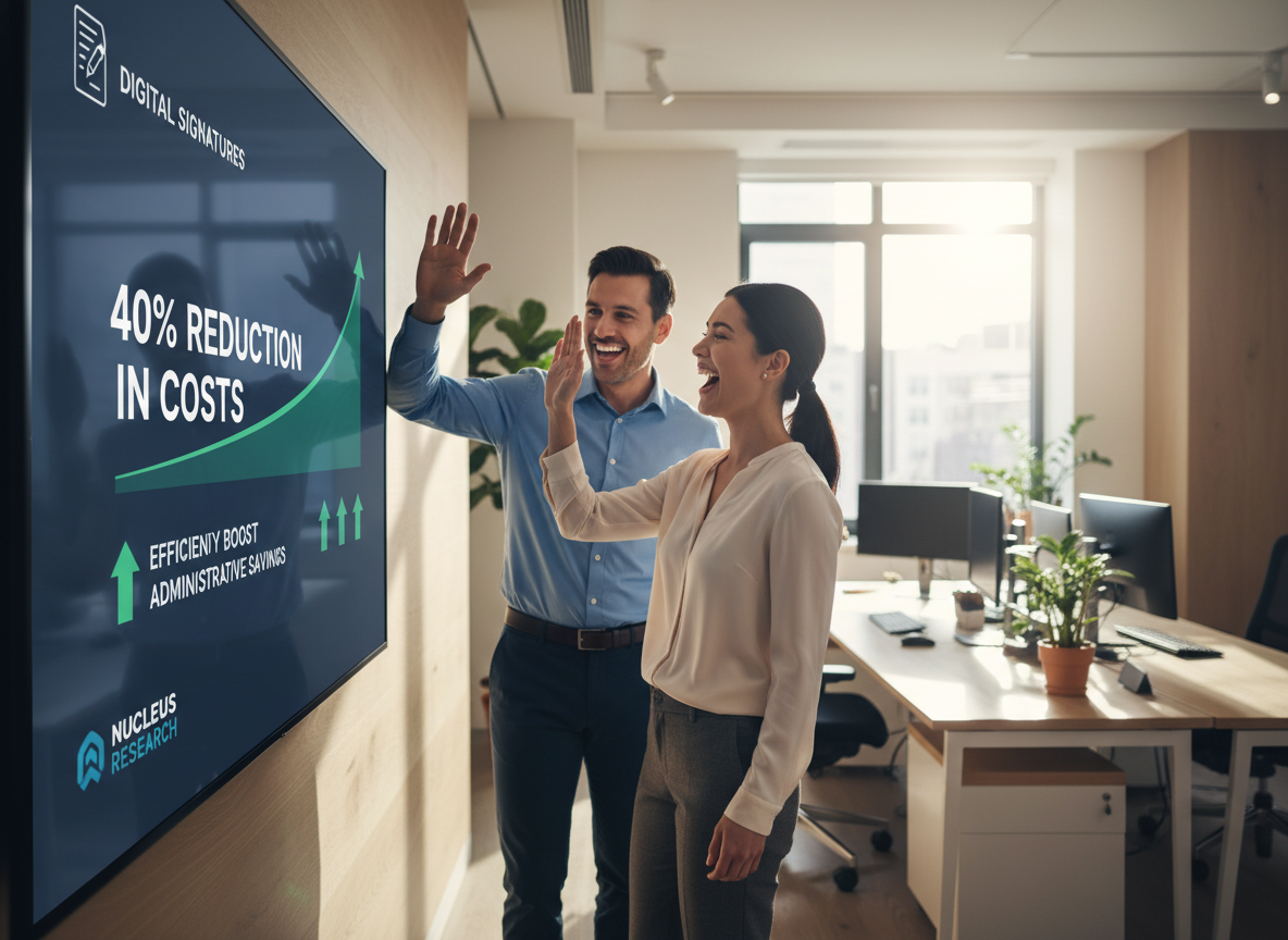 SMB office with a business owner celebrating cost savings, shown on a digital dashboard with '40% reduction' and growth arrows.