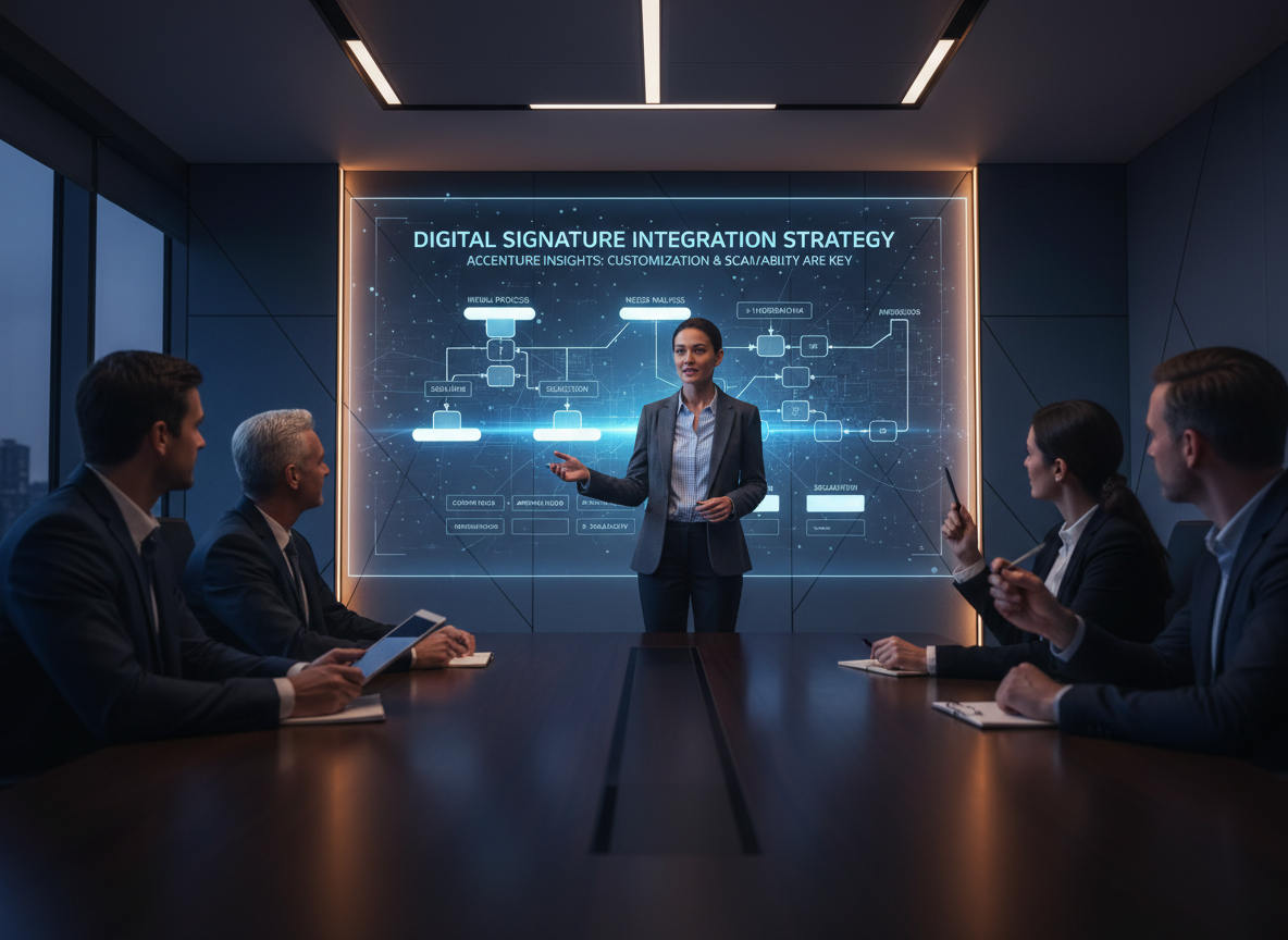 Corporate meeting room with an IT head presenting a digital signature integration strategy on a customizable workflow diagram screen.