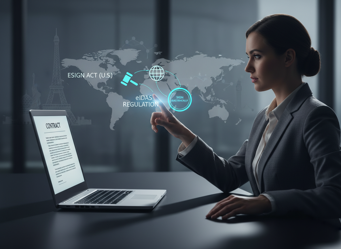 A professional using a laptop to sign a contract electronically, with holographic symbols representing ESIGN Act and eIDAS regulation, highlighting global legal enforcement.