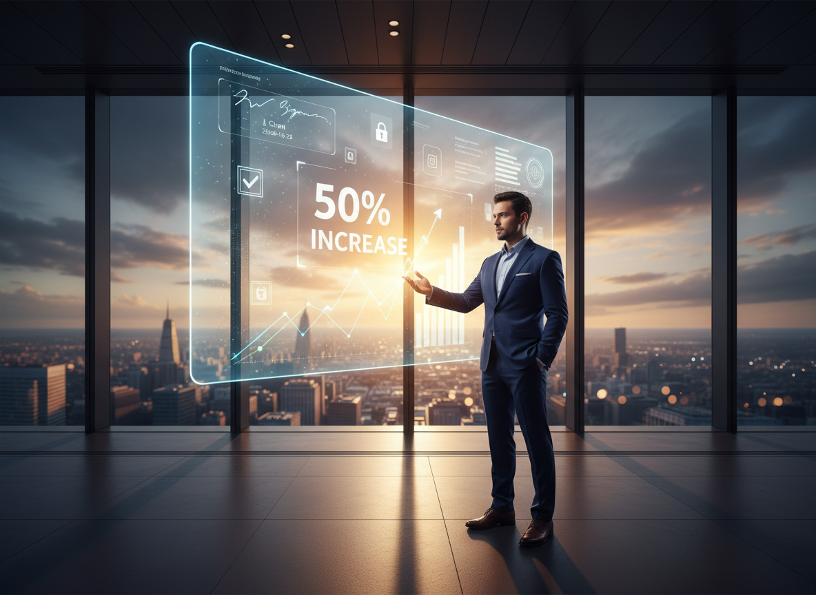 Financial analyst reviewing digital documents on a holographic screen, highlighting a 50% increase in digital signature adoption.