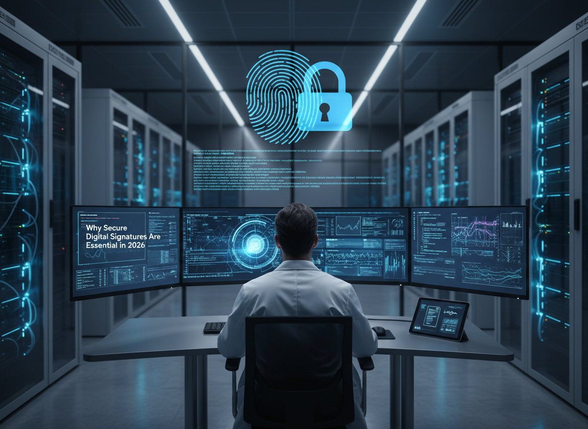IT specialist monitoring encrypted data streams with digital fingerprint and lock icon, illustrating digital signature security.