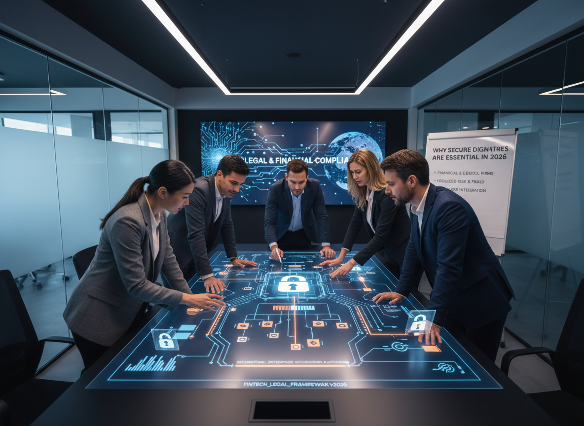 IT team collaborating around a digital table with software maps showing digital signature integration, representing seamless system integration.